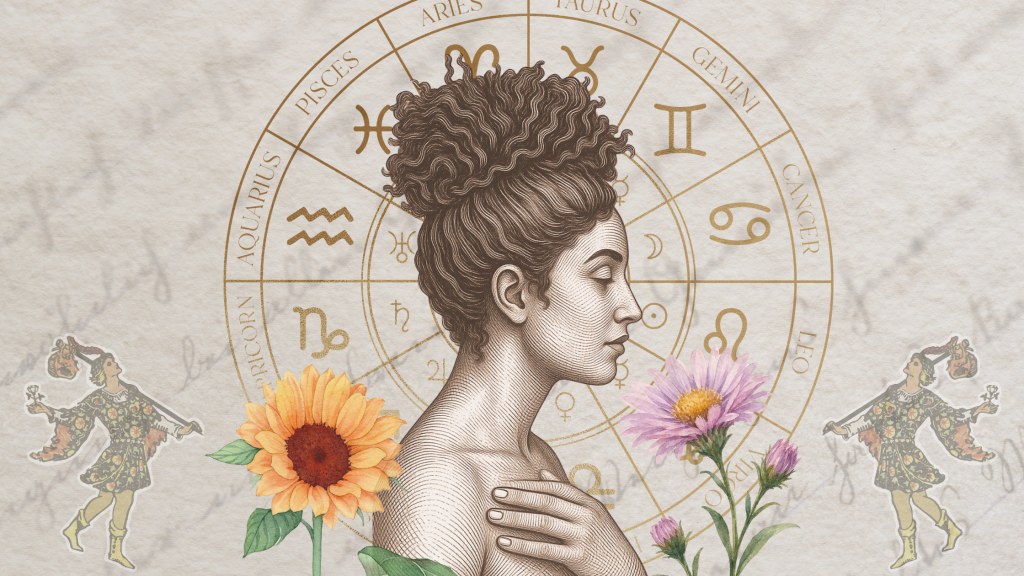 composición artística de símbolos de astrología y perfil de mujer oráculo